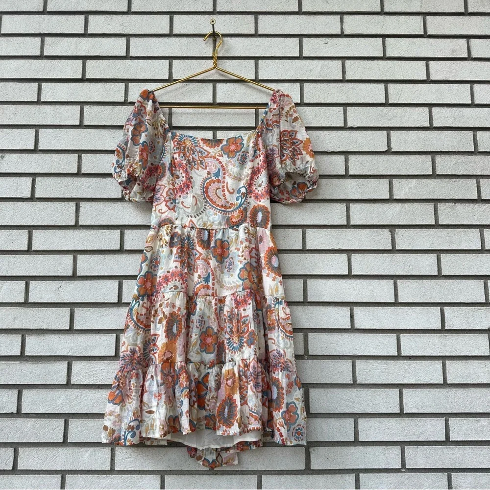 1. STATE Puff Sleeve Gauzy Boho Paisley Floral Tiered Mini Dress Tie Back L